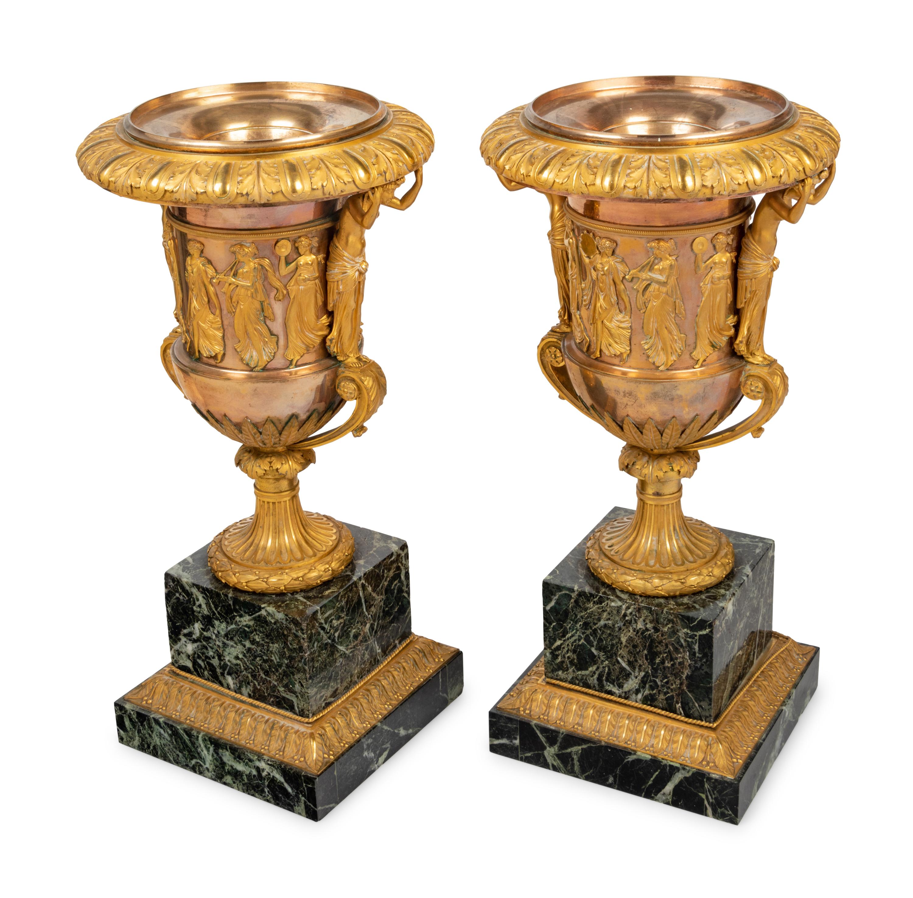 A Pair of Neoclassical Gilt Bronze and Marble Campagna-Form Urns