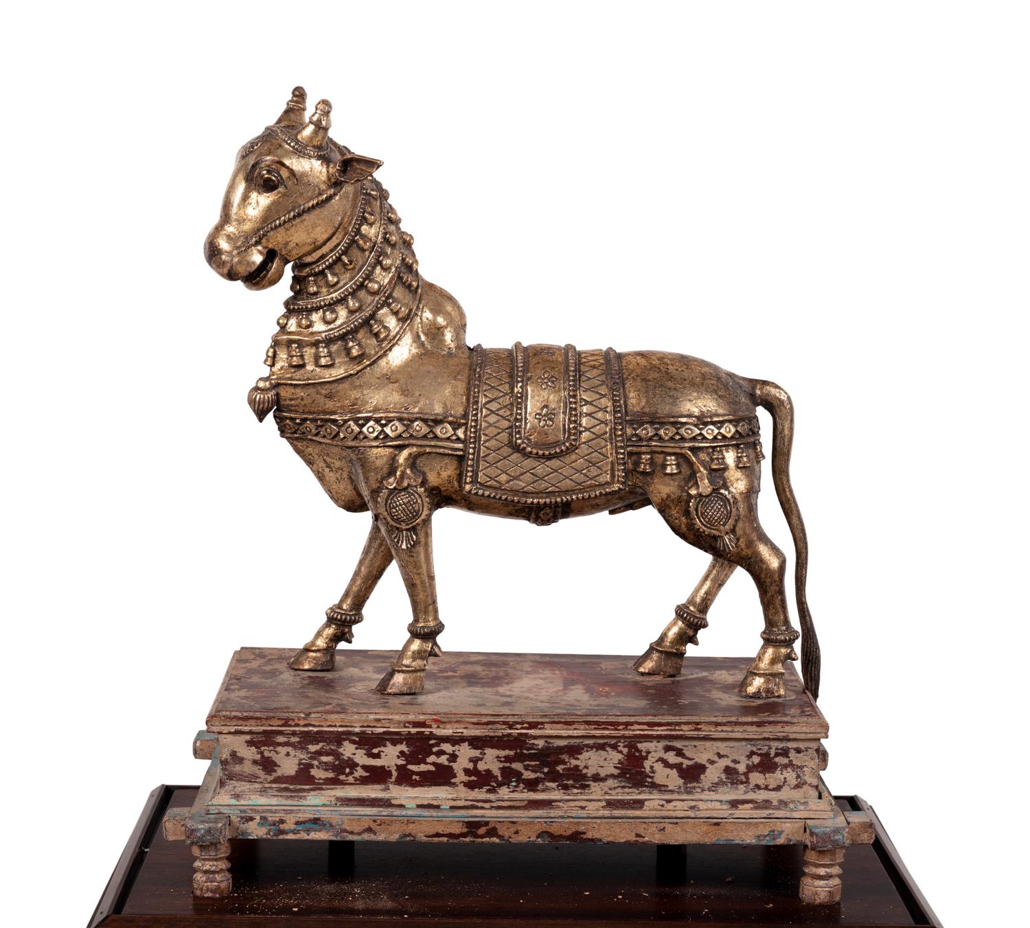 An Indian Brass Model of a Bull in a Walnut and Acrylic Vitrine