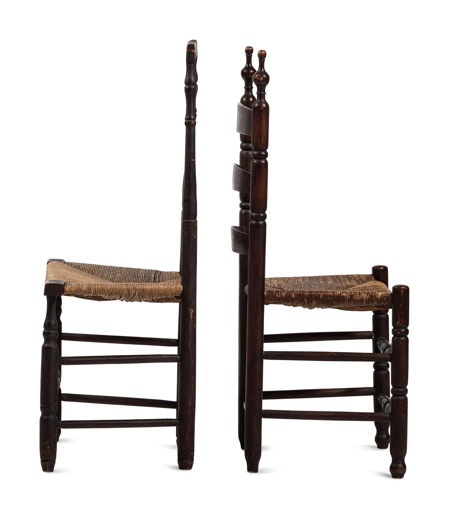 Two Turned and Brown Painted Rush-Seat Side Chairs