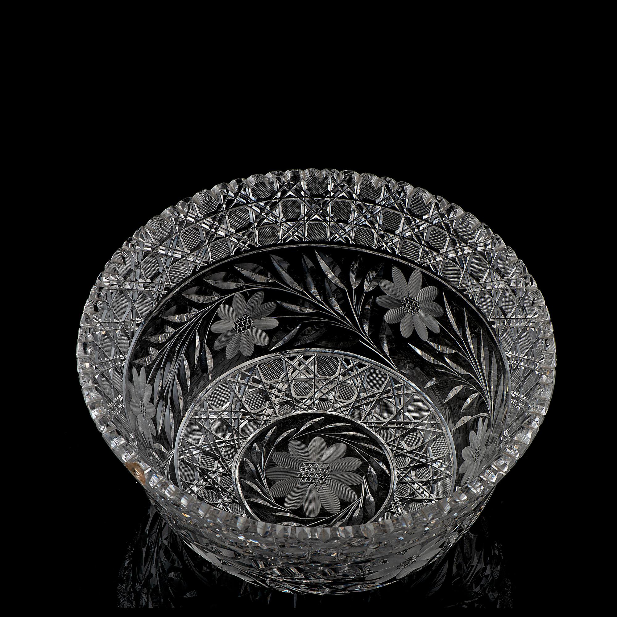 A Floral-Period Cut Glass Punch Bowl with Daisies or Sunflowers