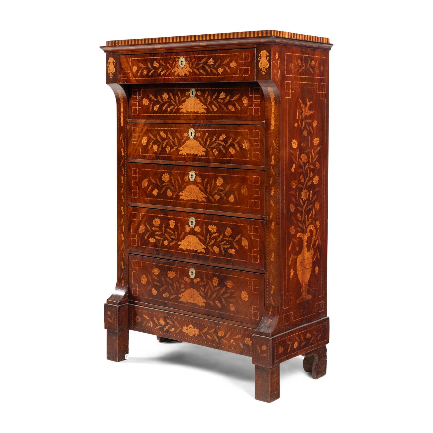 A Dutch Marquetry and Mahogany Tall Chest of Drawers