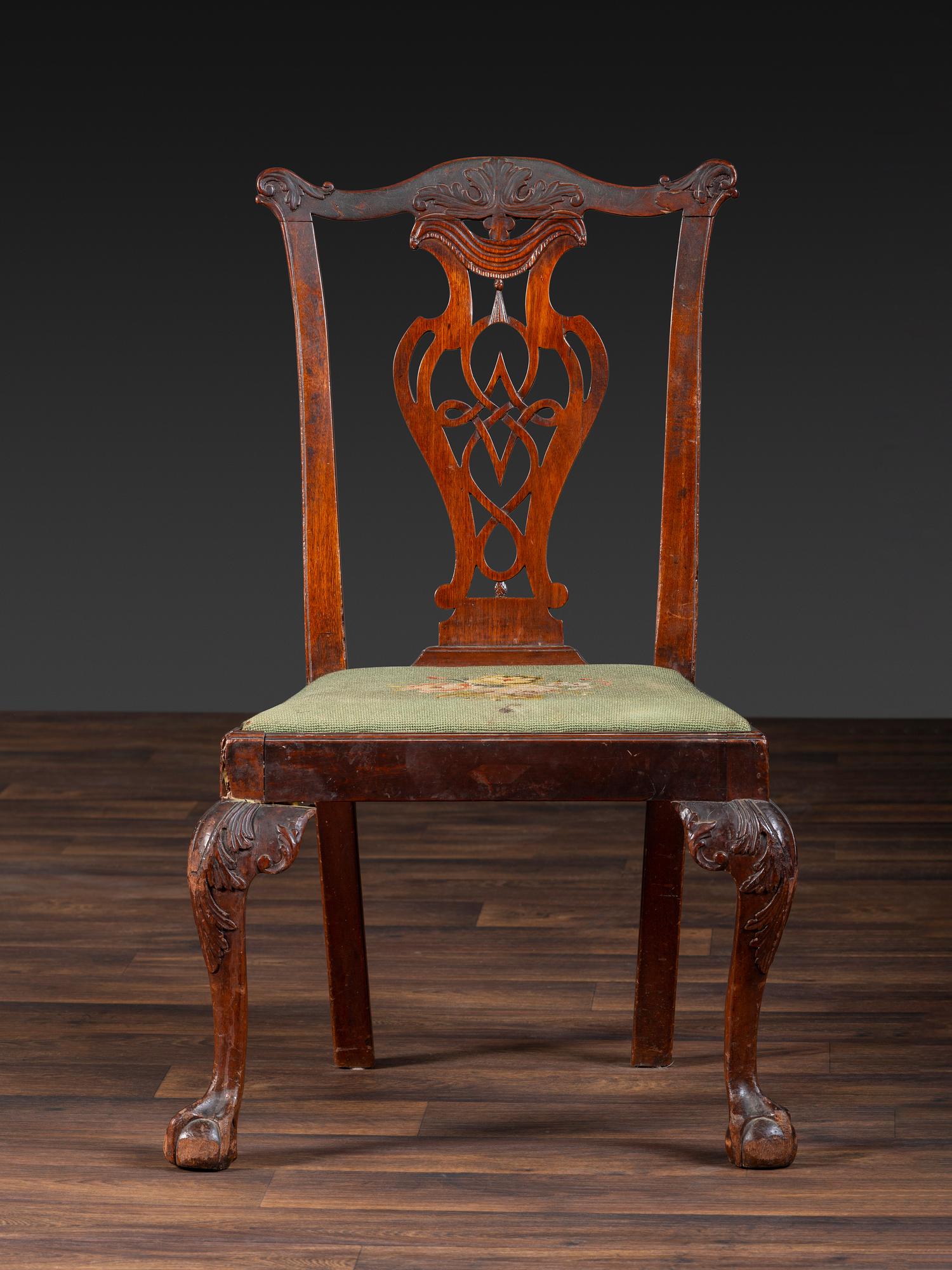 A Chippendale Carved Mahogany Claw-and-Ball Foot Side Chair