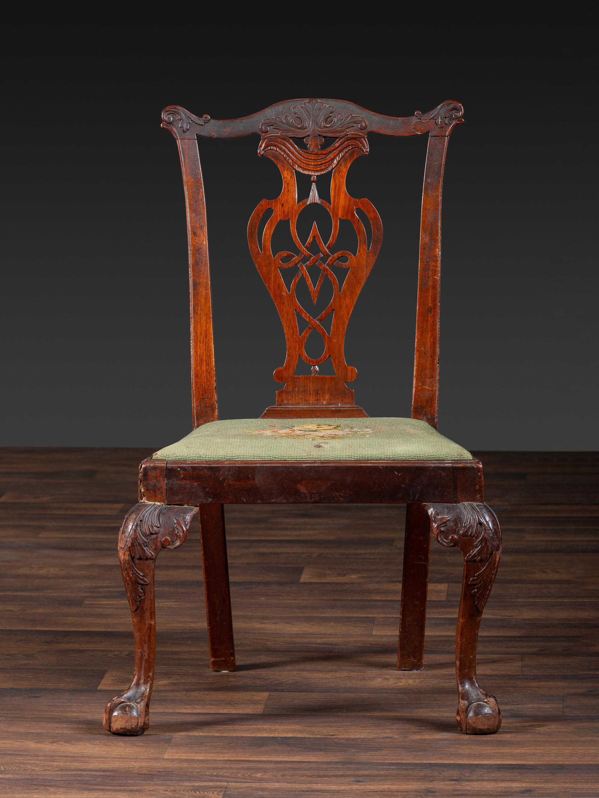 A Chippendale Carved Mahogany Claw-and-Ball Foot Side Chair