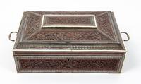 A Carved Wood Sewing Box Height 4 1/2 x width 12 7/8 x depth 9 1/4 inches.