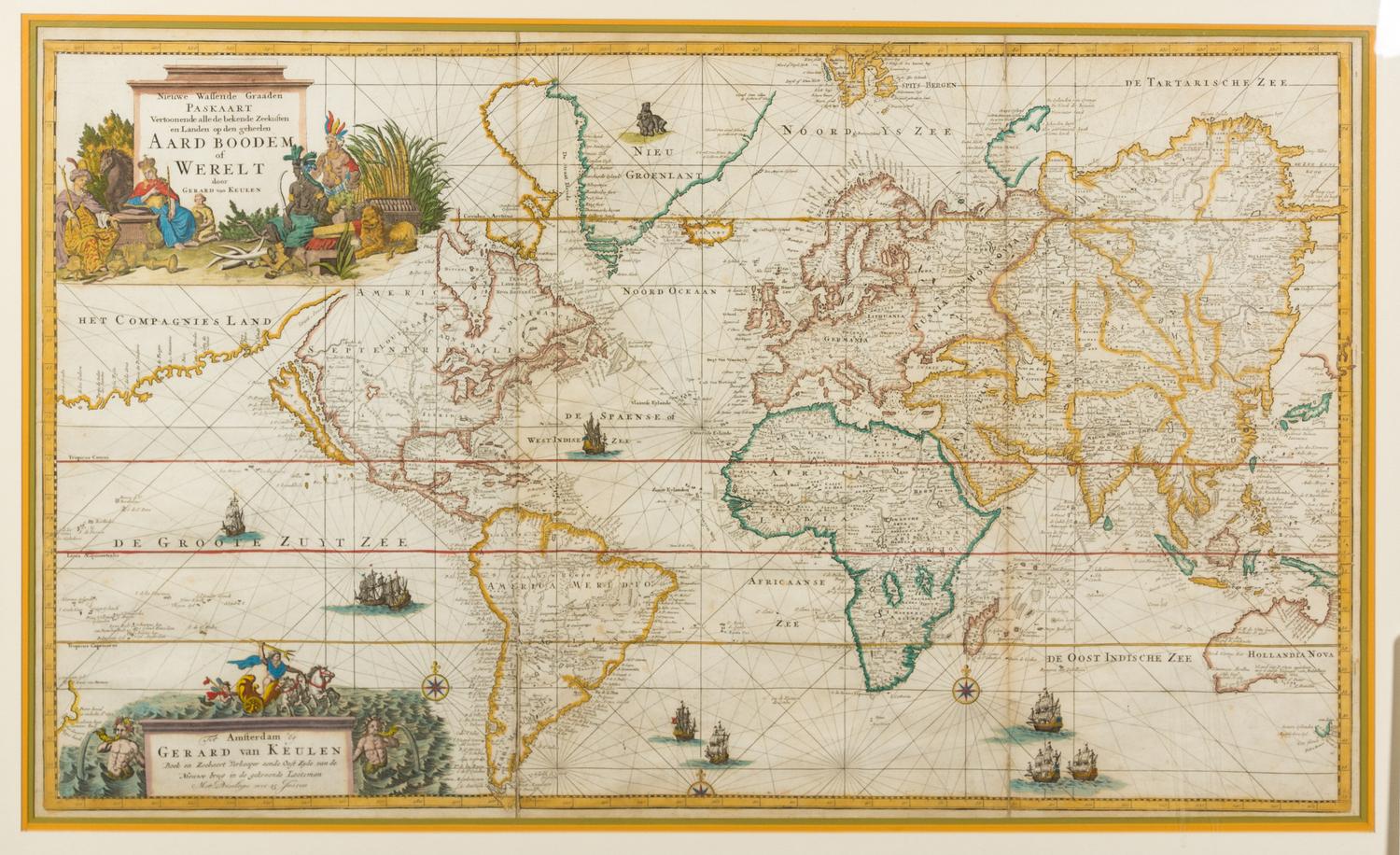 KEULEN, Gerard van (1678-1727). Nieuwe Wassende Graaden Paskaart Vertoonende alle de Bekende Zeekusten en Landen op den geheelen Aard Boodem of Werelt. [Amsterdam, ca 1720].
