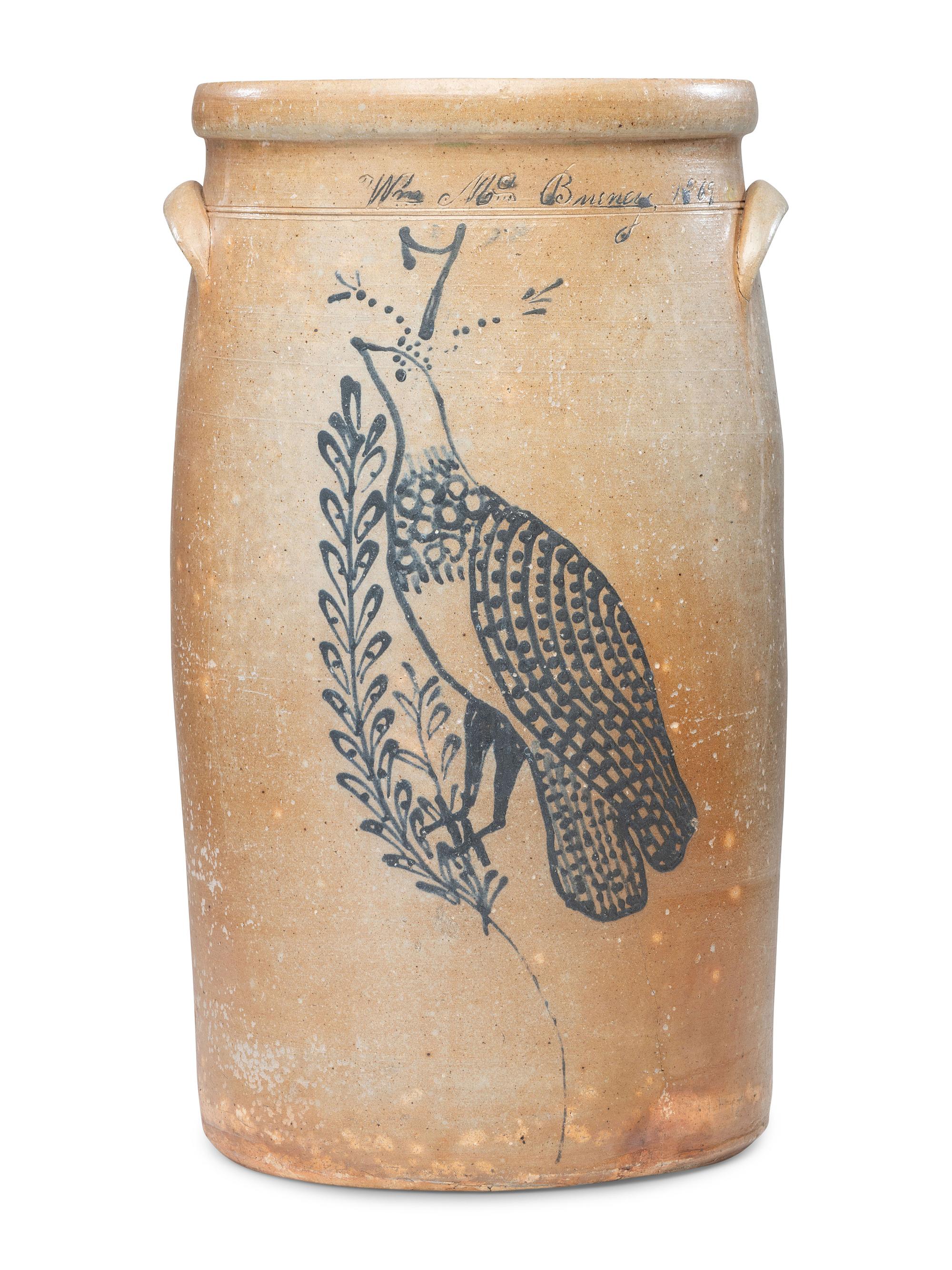 An Extremely Rare William McBurney Seven-Gallon Stoneware 'Bird' Churn