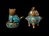 A Chinese Cloisonn é Enamel Covered Censer and A Cloisonn é Enamel Lion-Form Covered Box
