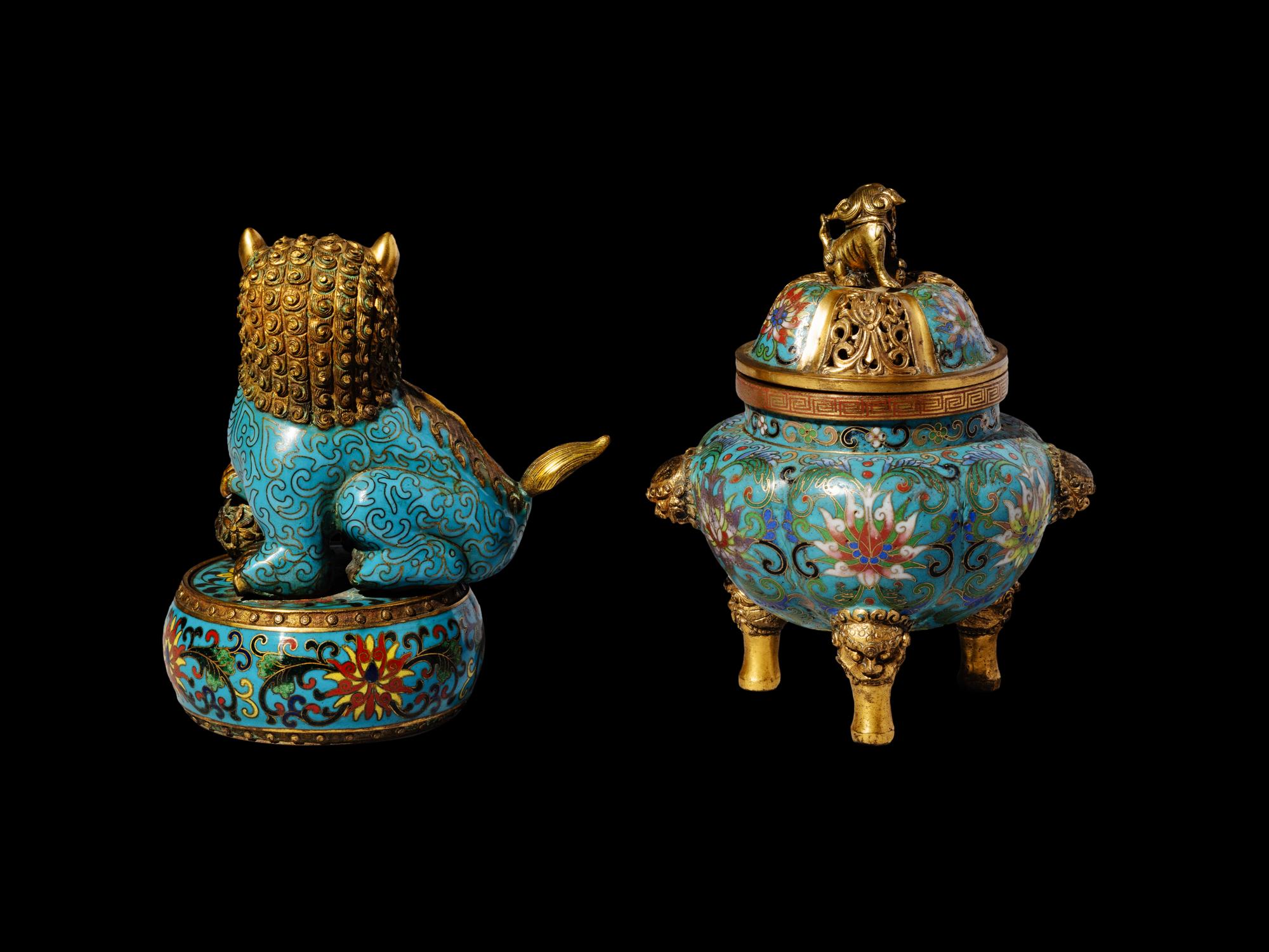 A Chinese Cloisonn é Enamel Covered Censer and A Cloisonn é Enamel Lion-Form Covered Box