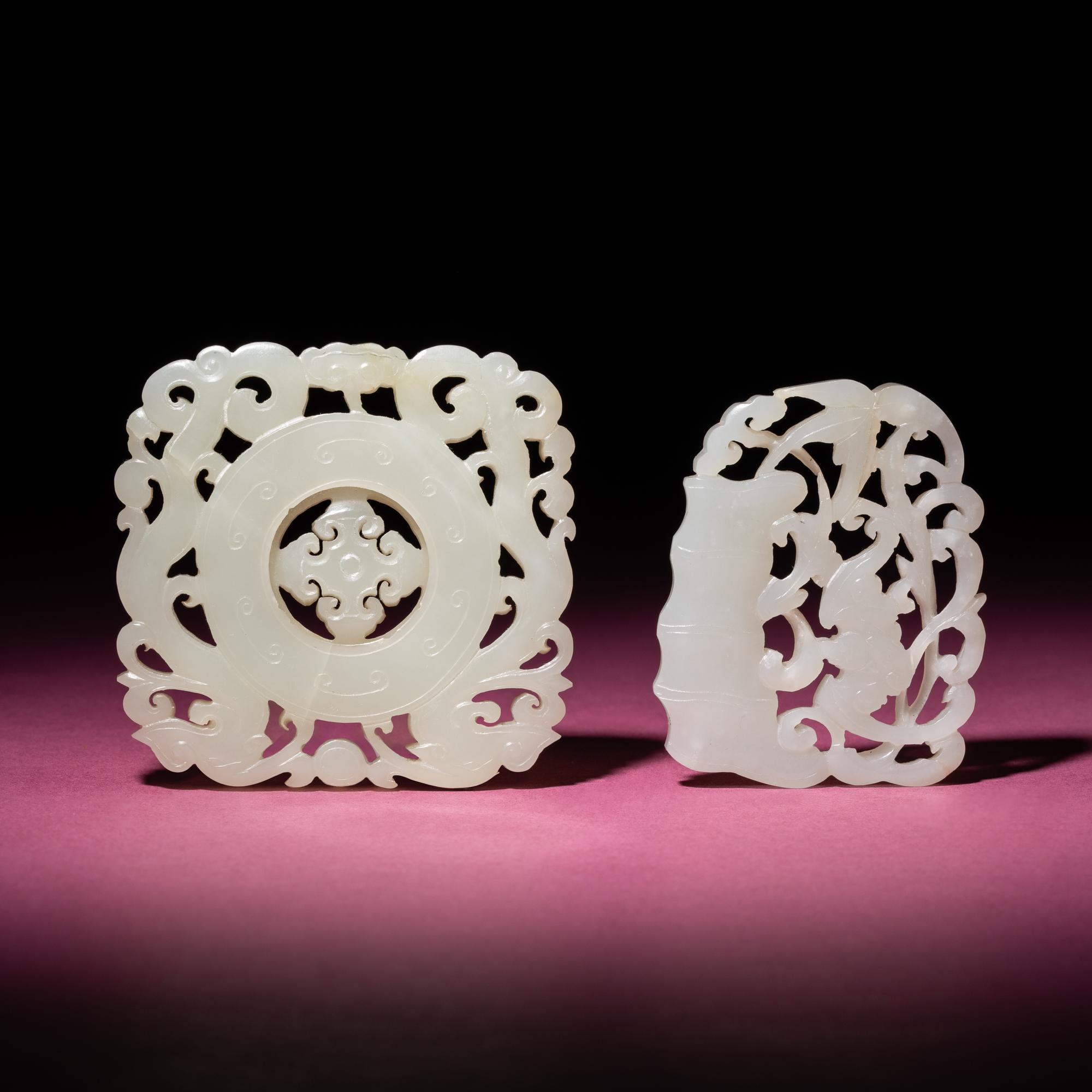 Two Chinese White Jade Reticulated Pendants, 19th Century — 清晚期 白玉鏤雕佩兩枚