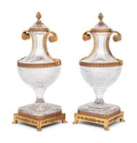 A Pair of Gilt Metal Mounted Cut Gass Urns