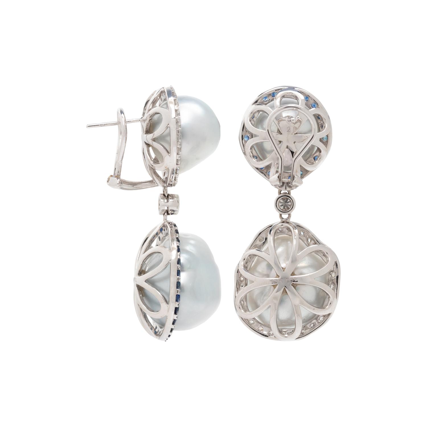 BAROQUE CULTURED PEARL, DIAMOND AND SAPPHIRE EARCLIPS