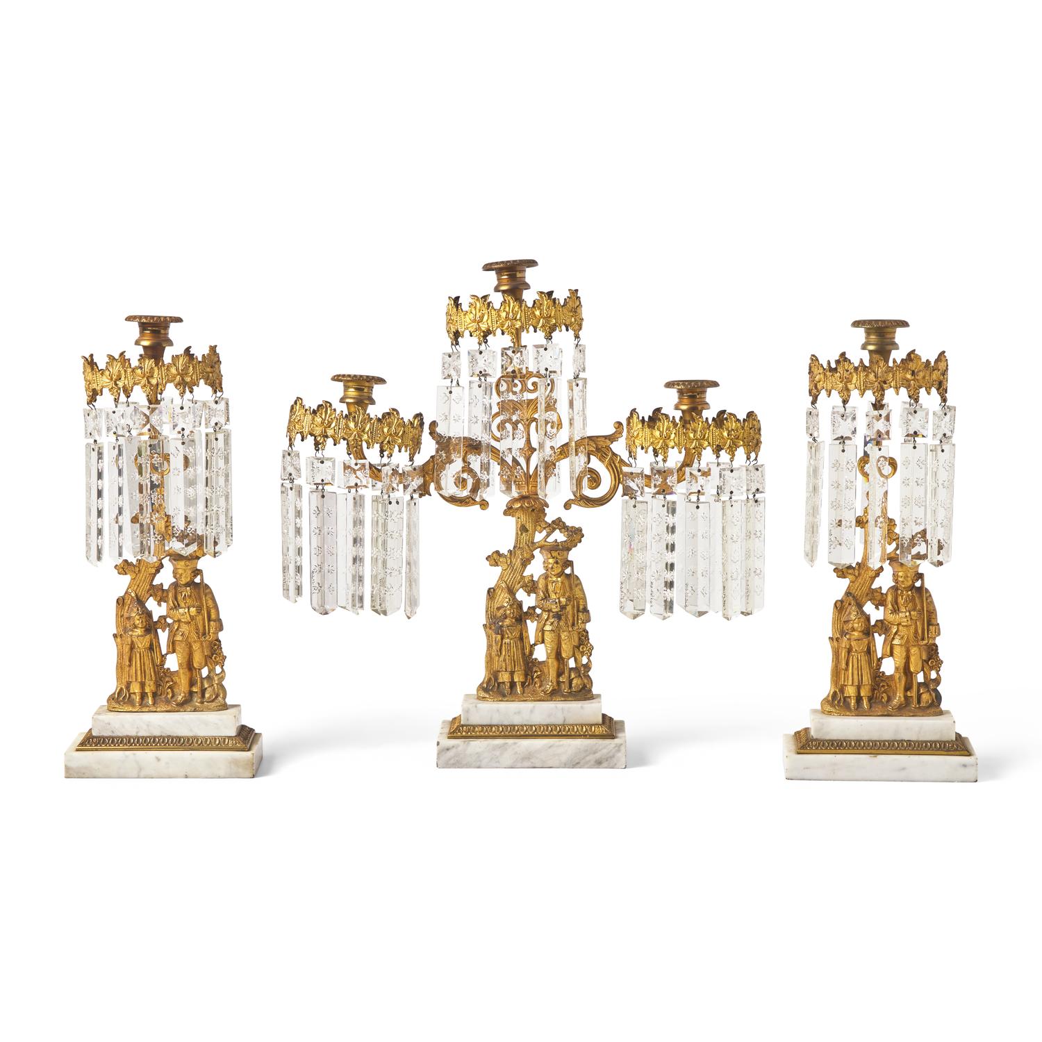 A "Leatherstocking Tales" Three-Piece Cast Brass, Marble, and Brass Girandole Garniture
