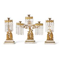 A "Leatherstocking Tales" Three-Piece Cast Brass, Marble, and Brass Girandole Garniture