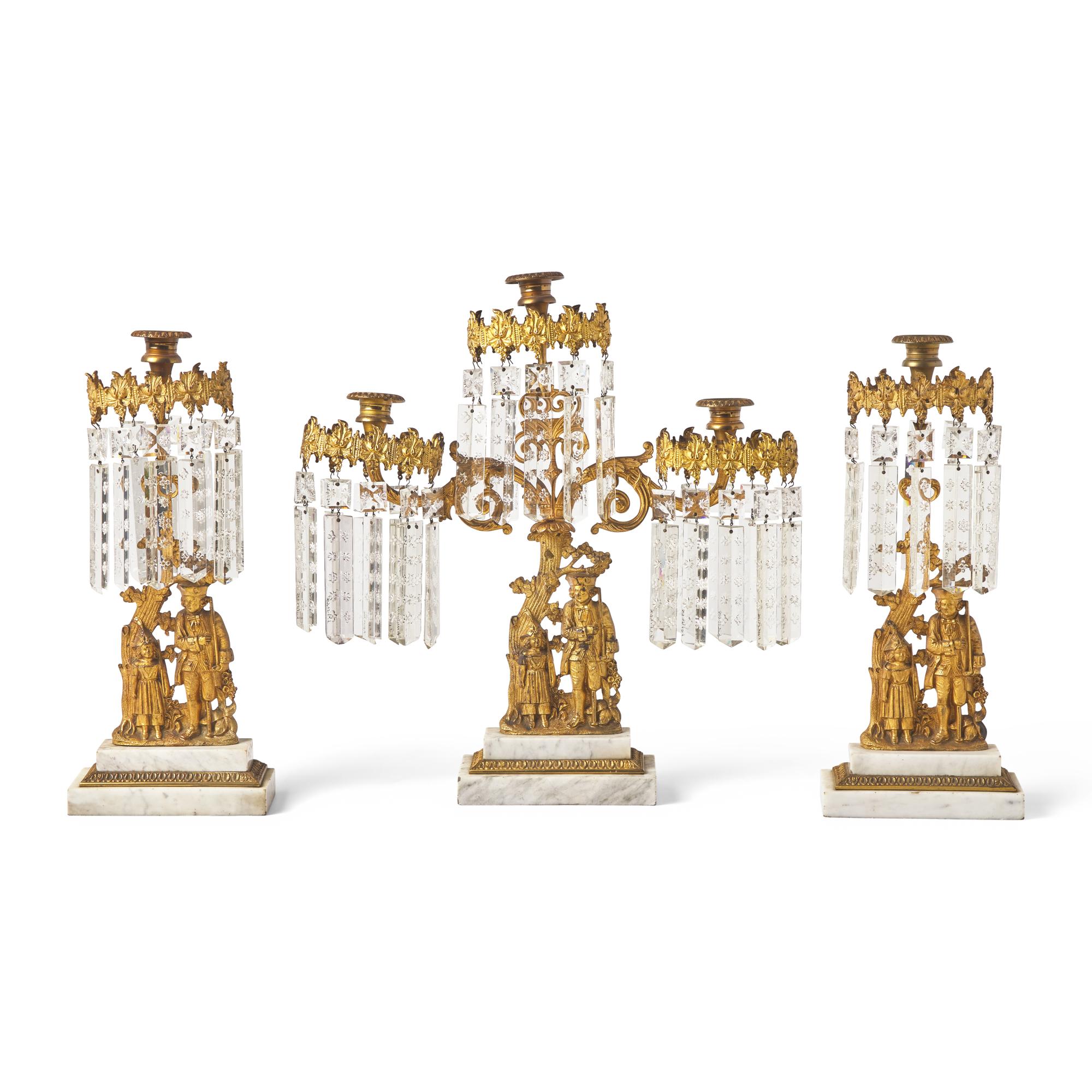 A "Leatherstocking Tales" Three-Piece Cast Brass, Marble, and Brass Girandole Garniture