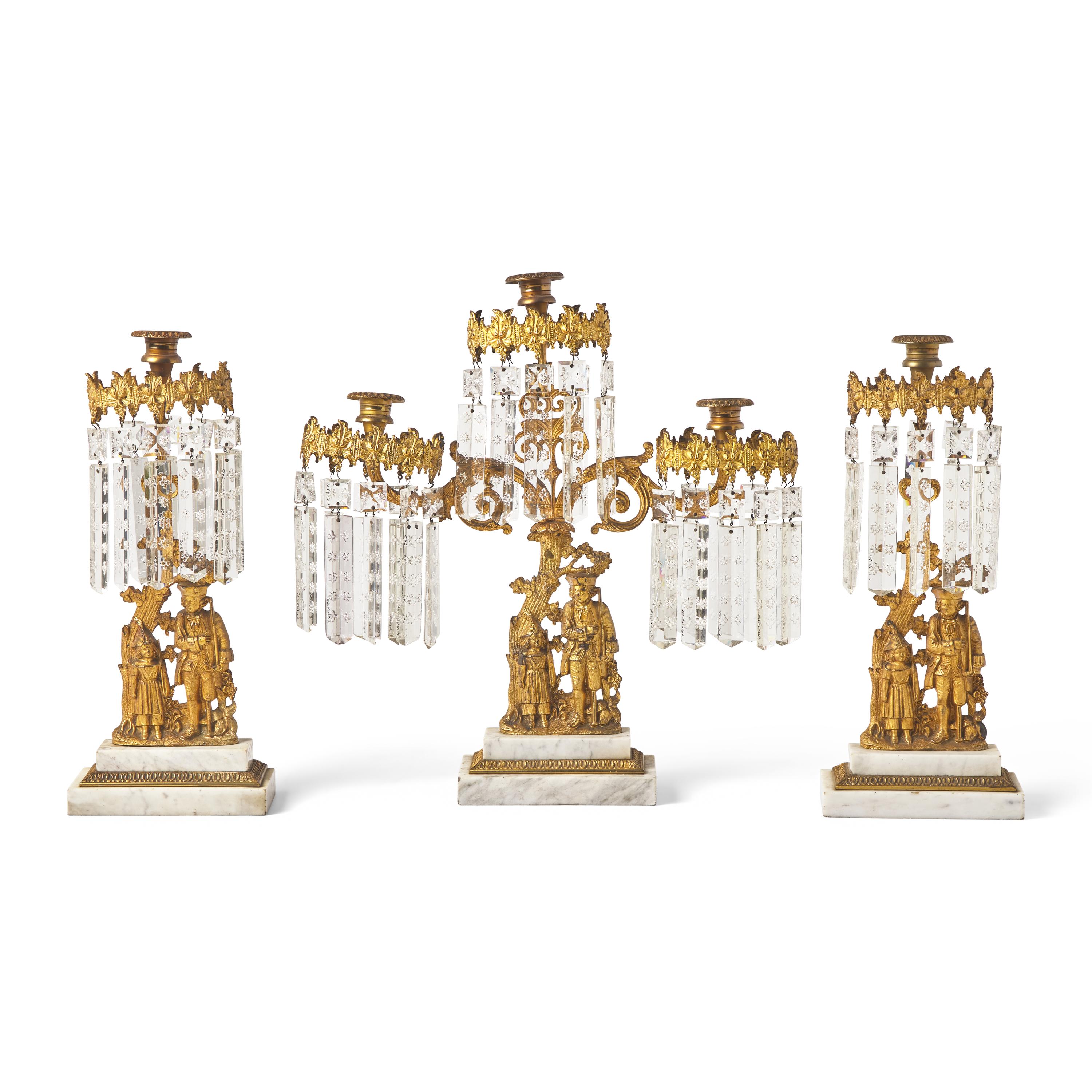 A "Leatherstocking Tales" Three-Piece Cast Brass, Marble, and Brass Girandole Garniture