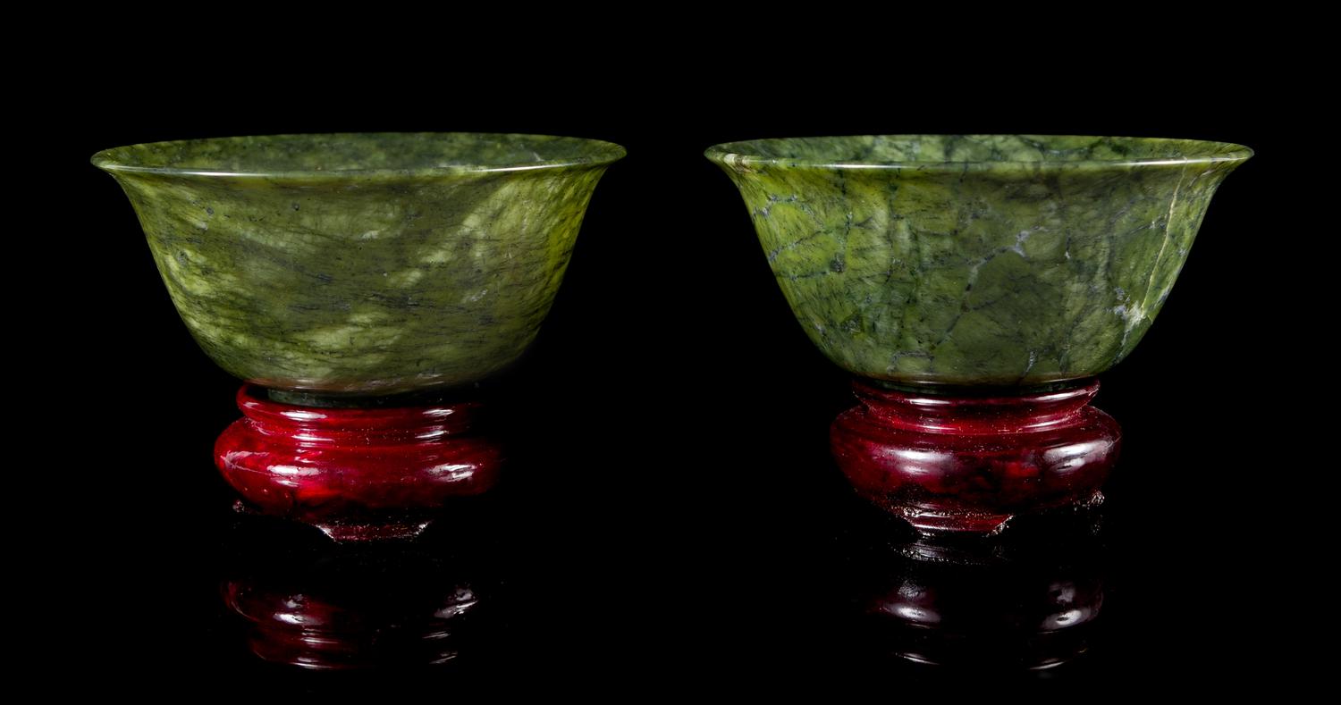 A Pair of Spinach Jade Bowls Diameter 3 5/8 inches.