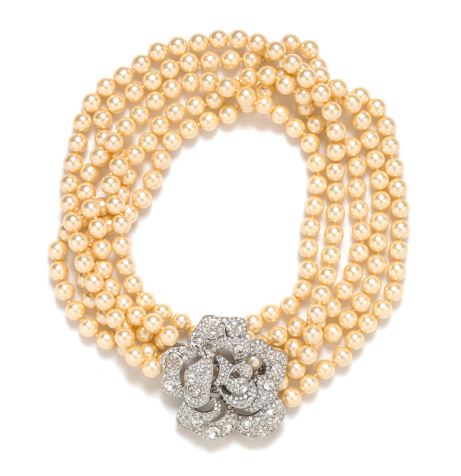 A Kenneth Jay Lane Pearl Necklace, Length: 18.5"; Flower: 2.75" x 2.75".