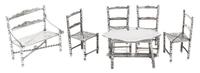 A Dutch Silver Six-Piece Dining Room Set, , comprising four chairs, a bench and a table with a cartouche form top, each raised on turne