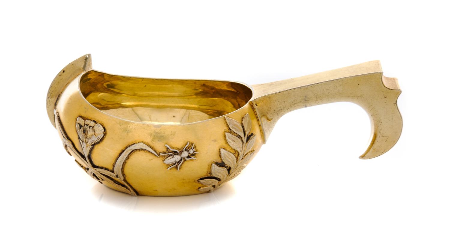 A Russian Silver-Gilt Kovsh, Mark of Pavel Ovchinnikov with Imperial warrant, kokoshnik mark of Ivan Lebedkin, Moscow, having a gilt gr