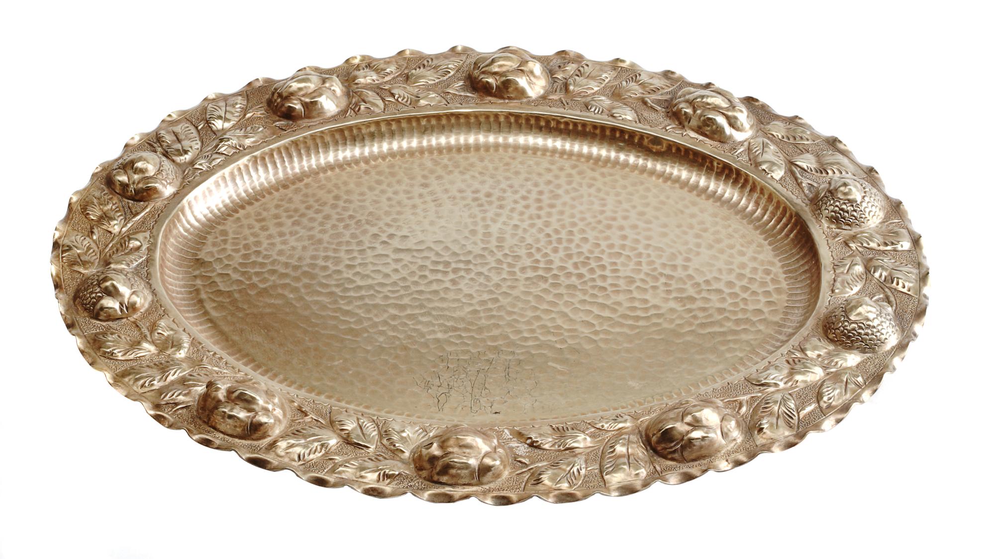 A Portuguese Silver-Plate Tureen on Stand, 20th Century, of oval form with repousse decoration fruit and foliate deocated lid, the ture