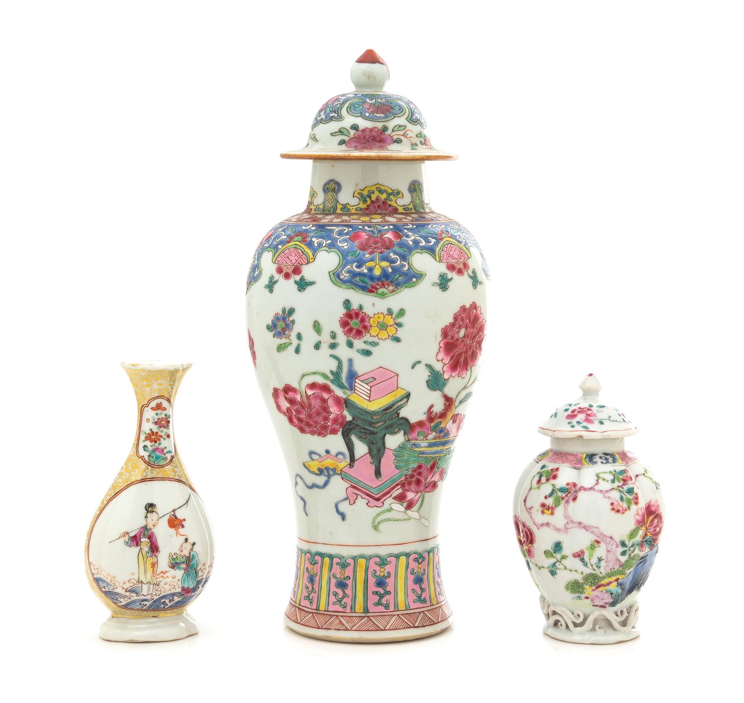 Three Famille Rose Porcelain Vases Height of tallest 11 inches. — 18TH/19TH CENTURY