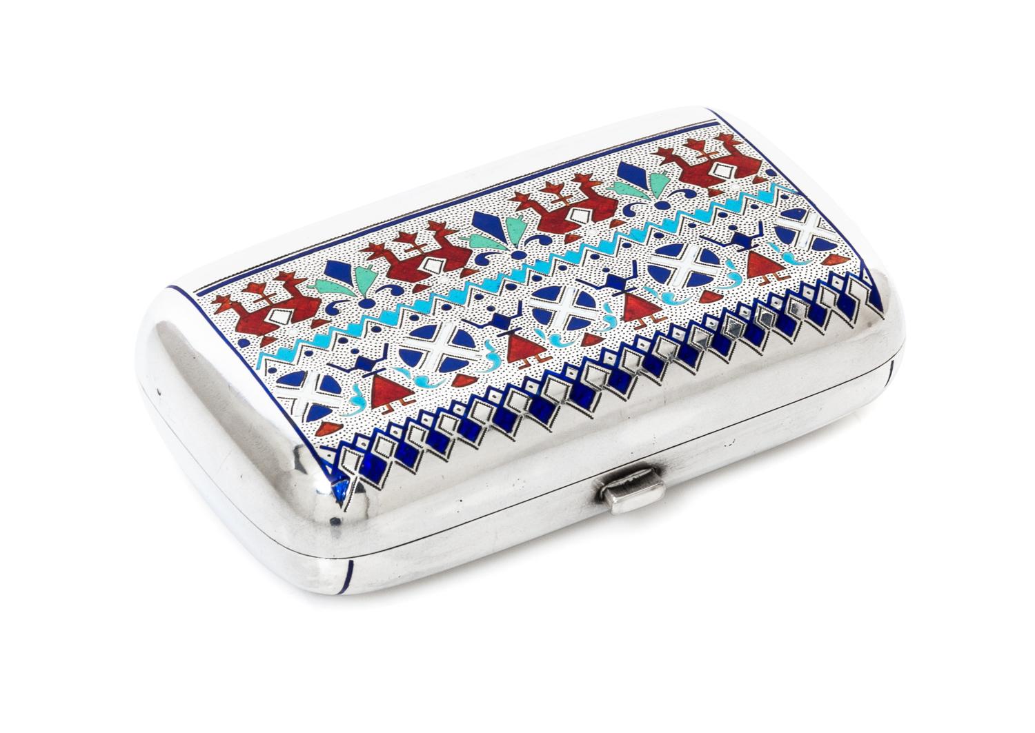 A Russian Enameled Silver Cigarette Case, Maker's mark JAL, St. Petersburg, late 19th century, the case decorated with abstracted polyc