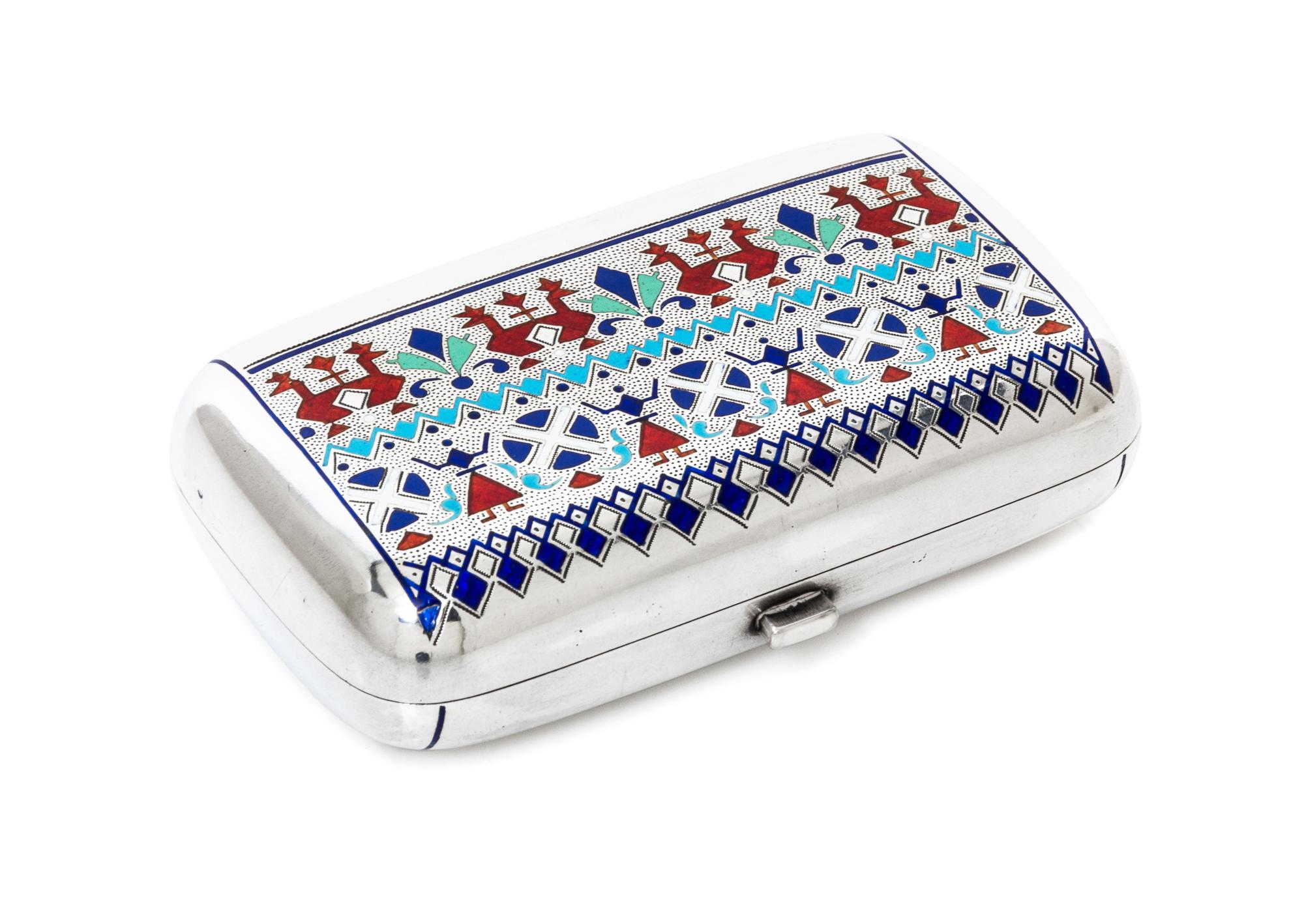 A Russian Enameled Silver Cigarette Case, Maker's mark JAL, St. Petersburg, late 19th century, the case decorated with abstracted polyc