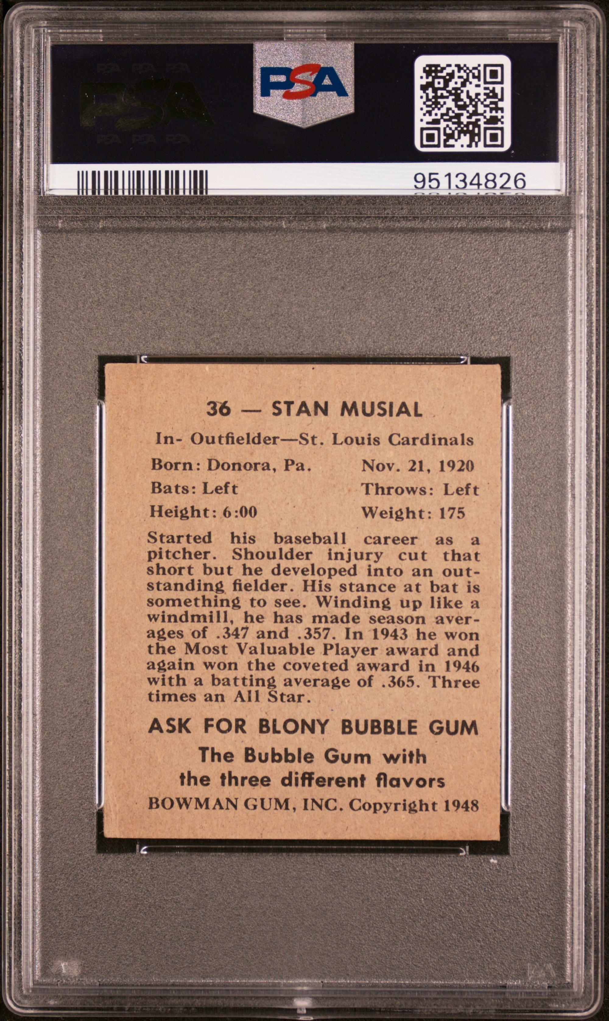 A 1948 Bowman Stan Musial Rookie Baseball Card No. 36 (PSA 4 MC VG-EX)