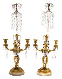 A Pair of Louis XVI Style Gilt Bronze and Cut Crystal Three-Light Candelabra Height 23 inches. — 19TH CENTURY