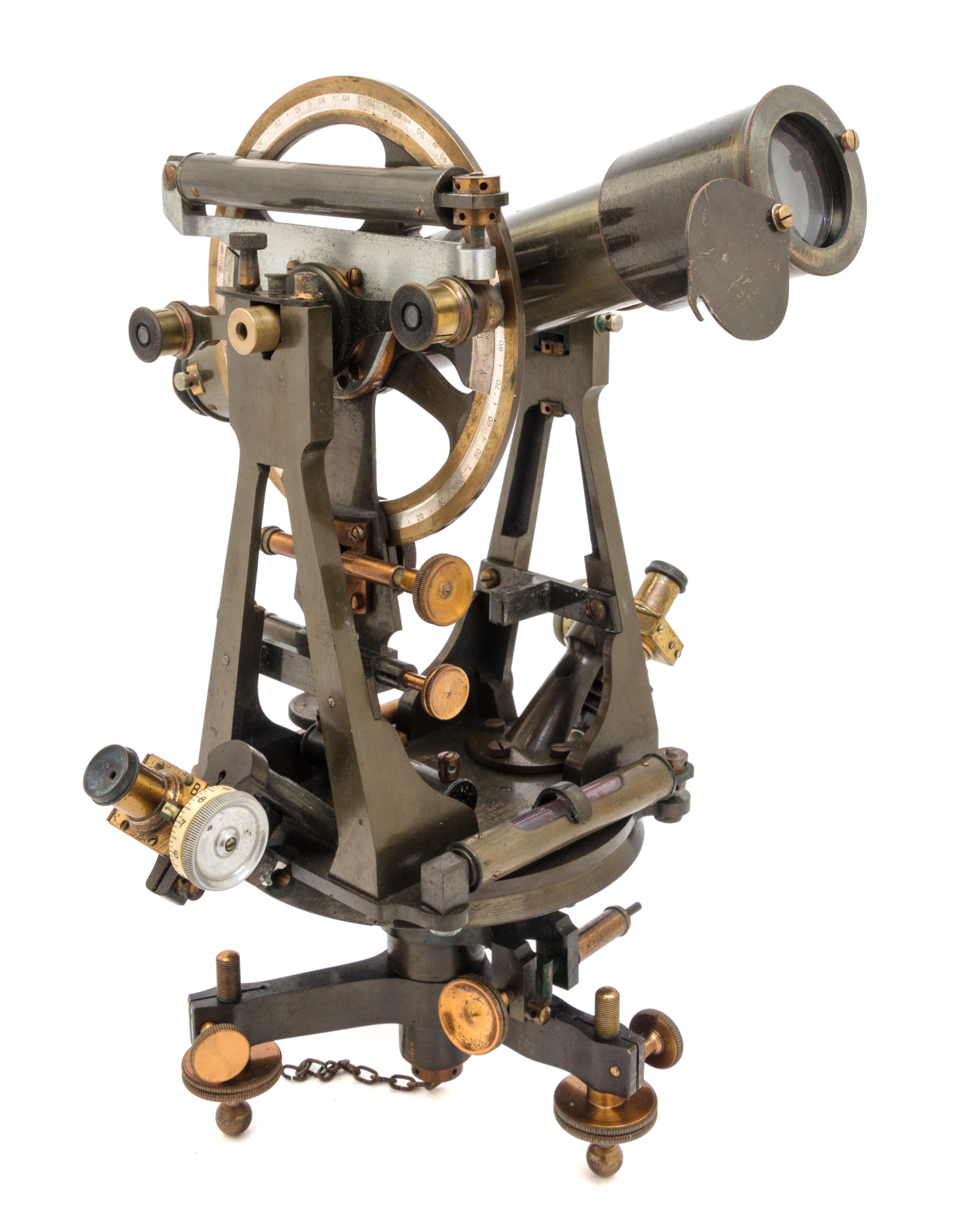 An English Oxidized Brass Transit Theodolite Length of scope 12 inches. — TROUGHTON & SIMMS, LONDON, RETAILED BY GEORGE FINDLAY & CO. LTD., CAPE TOWN, LATE 19TH CENTURY
