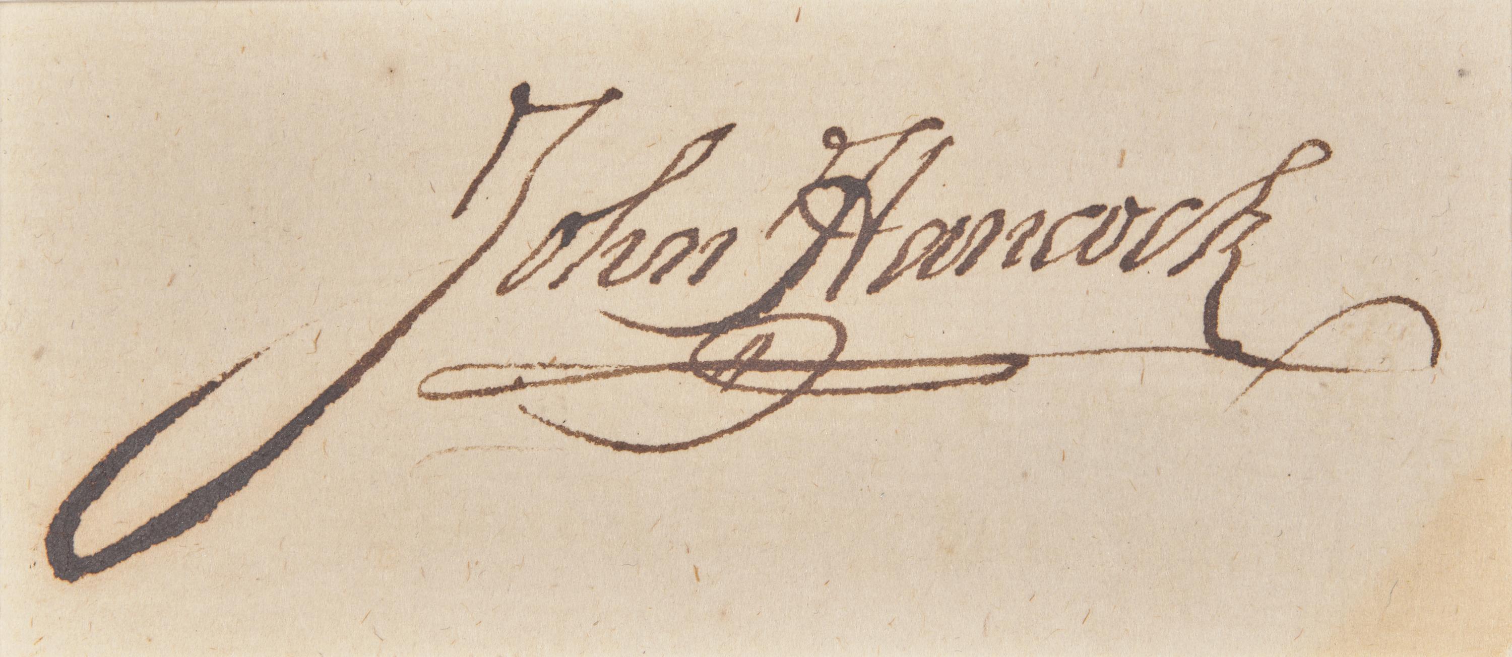 [Hancock, John] 1-of-1 Trading Card with Cut Signature of John Hancock and an 1876 $20 Gold Coin, From the "1776: The Freedom Fighters" Card Set, Created by Eric C. Caren