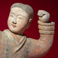 A Large Pair of Chinese Painted Pottery Archers, Western Han Dynasty — 西漢 彩繪射姿立俑一對