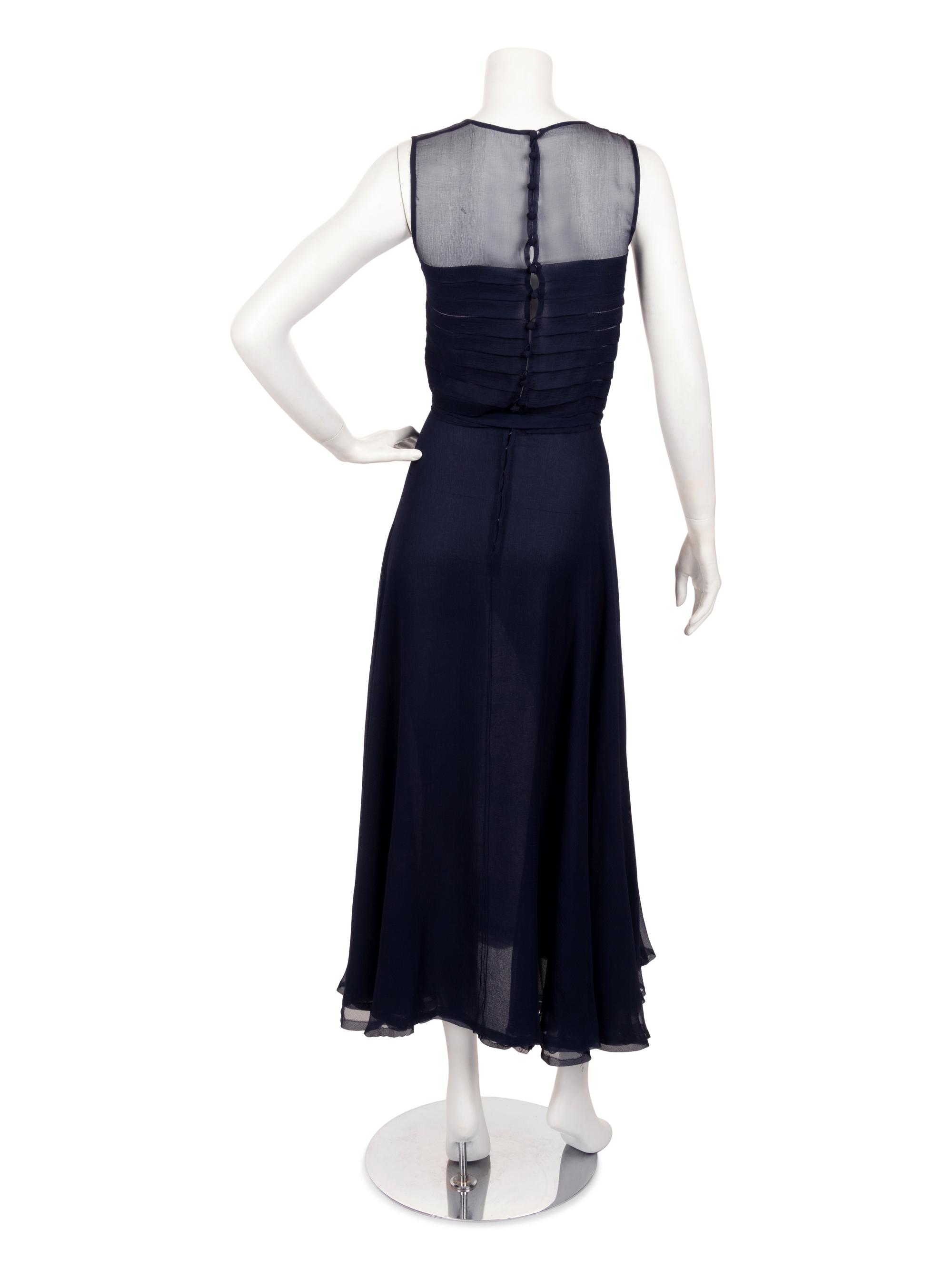 Yves Saint Laurent Haute Couture Navy Chiffon Dress with Scarf, 1970s