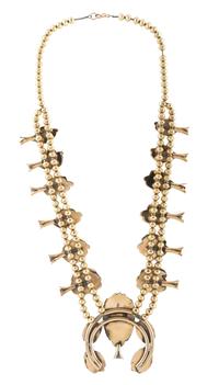 Southwestern 14k Gold Squash Blossom Necklace, with Bisbee Turquoise Lot is located and will ship from Denver, Colorado.