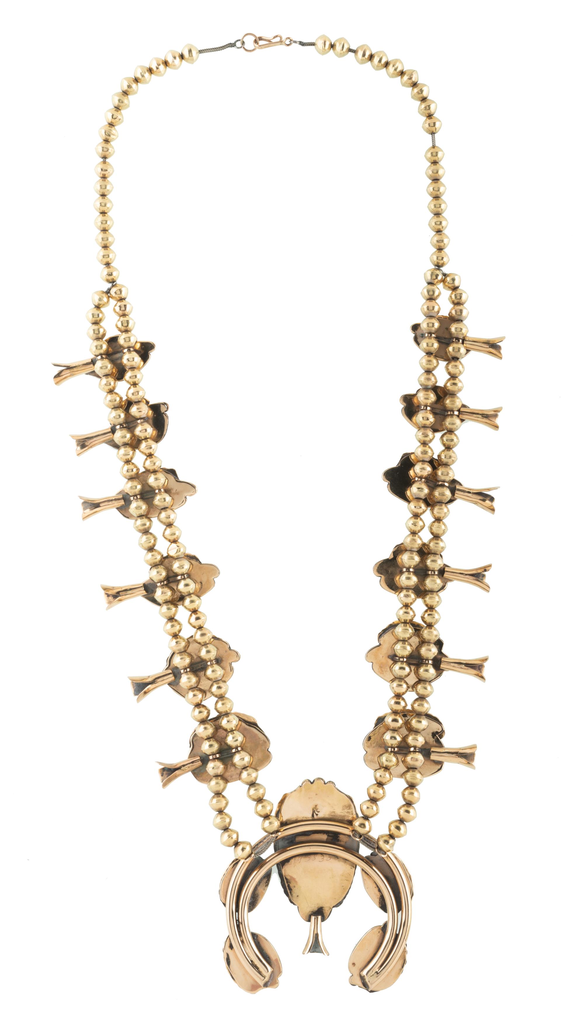 Southwestern 14k Gold Squash Blossom Necklace, with Bisbee Turquoise Lot is located and will ship from Denver, Colorado.