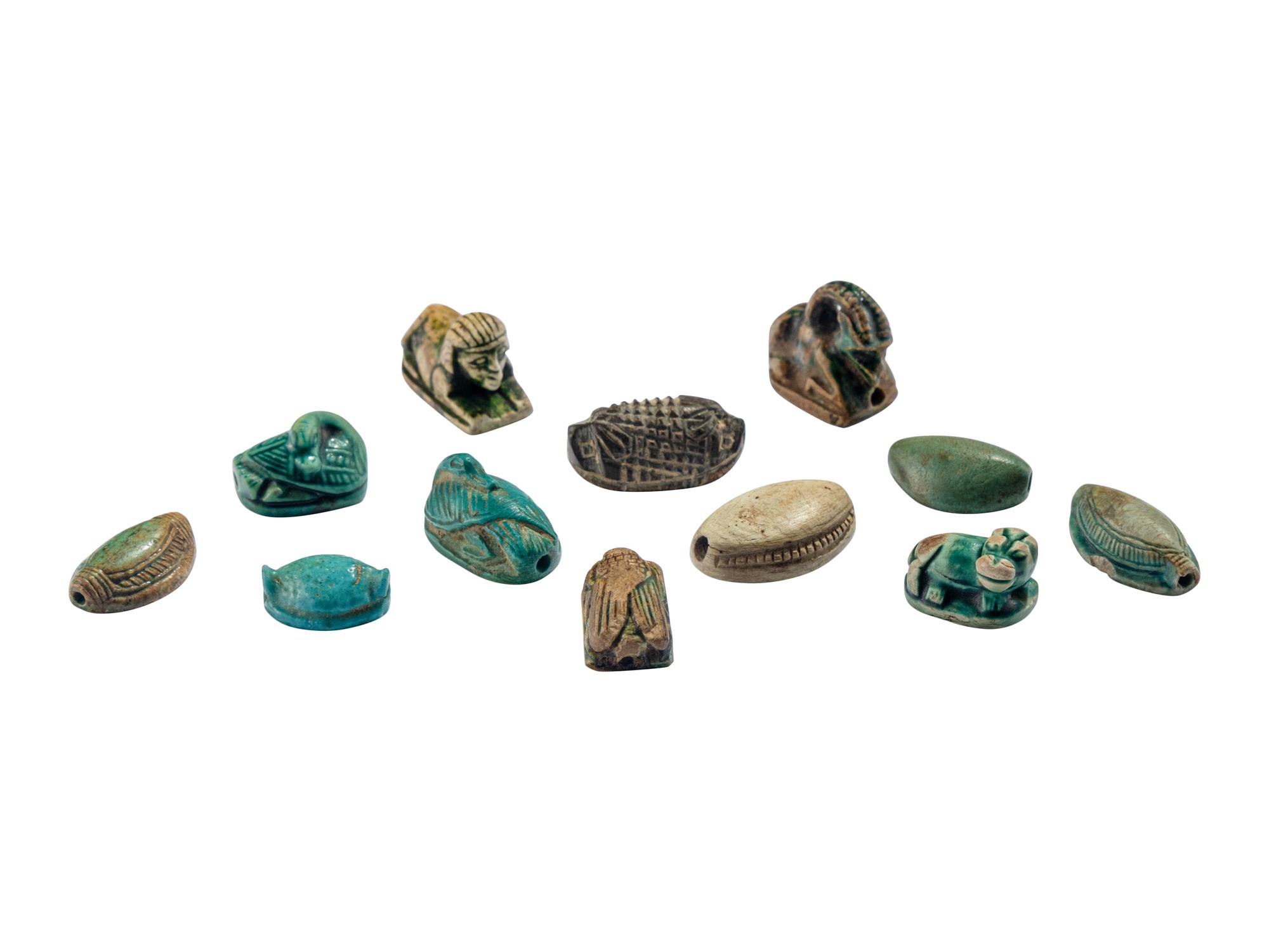 12 Egyptian Animal and Cowrie Shell Beads with Hieroglyphs