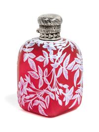 English, LATE 19TH CENTURY, a silver mounted cameo glass perfume bottle, of squatre form with leafy foliate decoration, the silver with