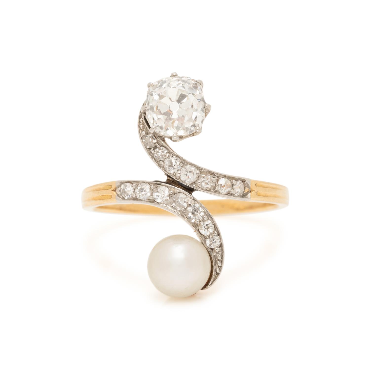 ANTIQUE, PEARL AND DIAMOND BYPASS RING
