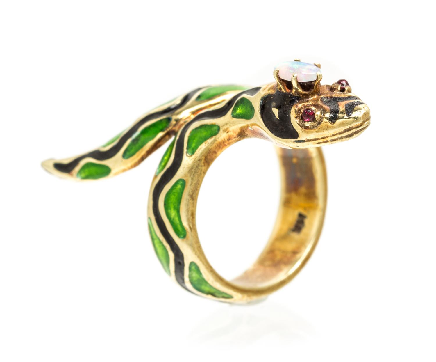 A 14 Karat Yellow Gold, Polychrome Enamel, Opal and Ruby Snake Ring, 5.90 dwts.