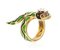 A 14 Karat Yellow Gold, Polychrome Enamel, Opal and Ruby Snake Ring, 5.90 dwts.