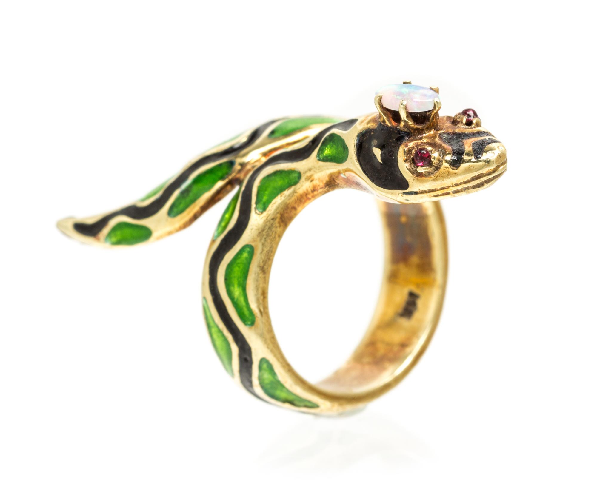 A 14 Karat Yellow Gold, Polychrome Enamel, Opal and Ruby Snake Ring, 5.90 dwts.