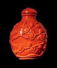 A Chinese Glass Imitating Red Coral 'Prunus' Snuff Bottle