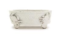 A Pale Celadon Glazed Porcelain Cachepot Length 6 3/4 inches.