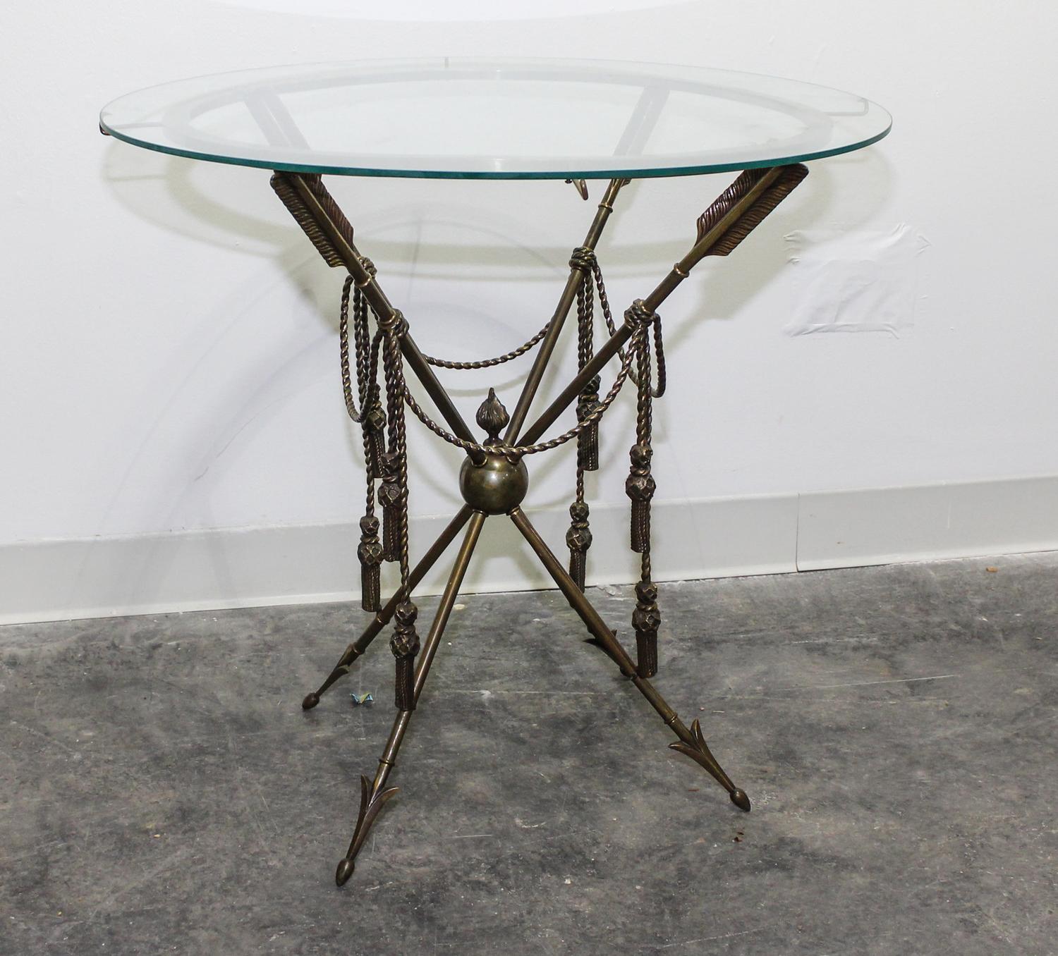 A Neoclassical Style Brass and Glass Side Table Height 25 1/2 x diameter 26 inches