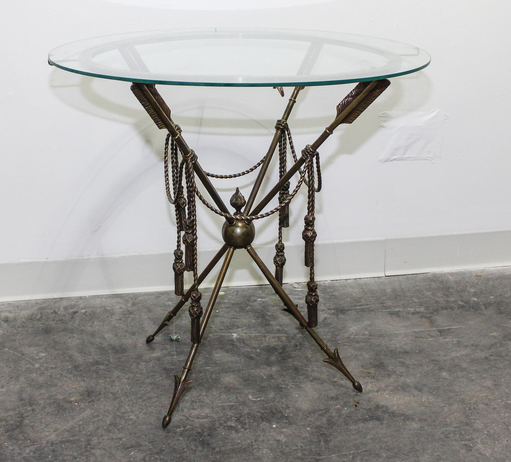 A Neoclassical Style Brass and Glass Side Table Height 25 1/2 x diameter 26 inches