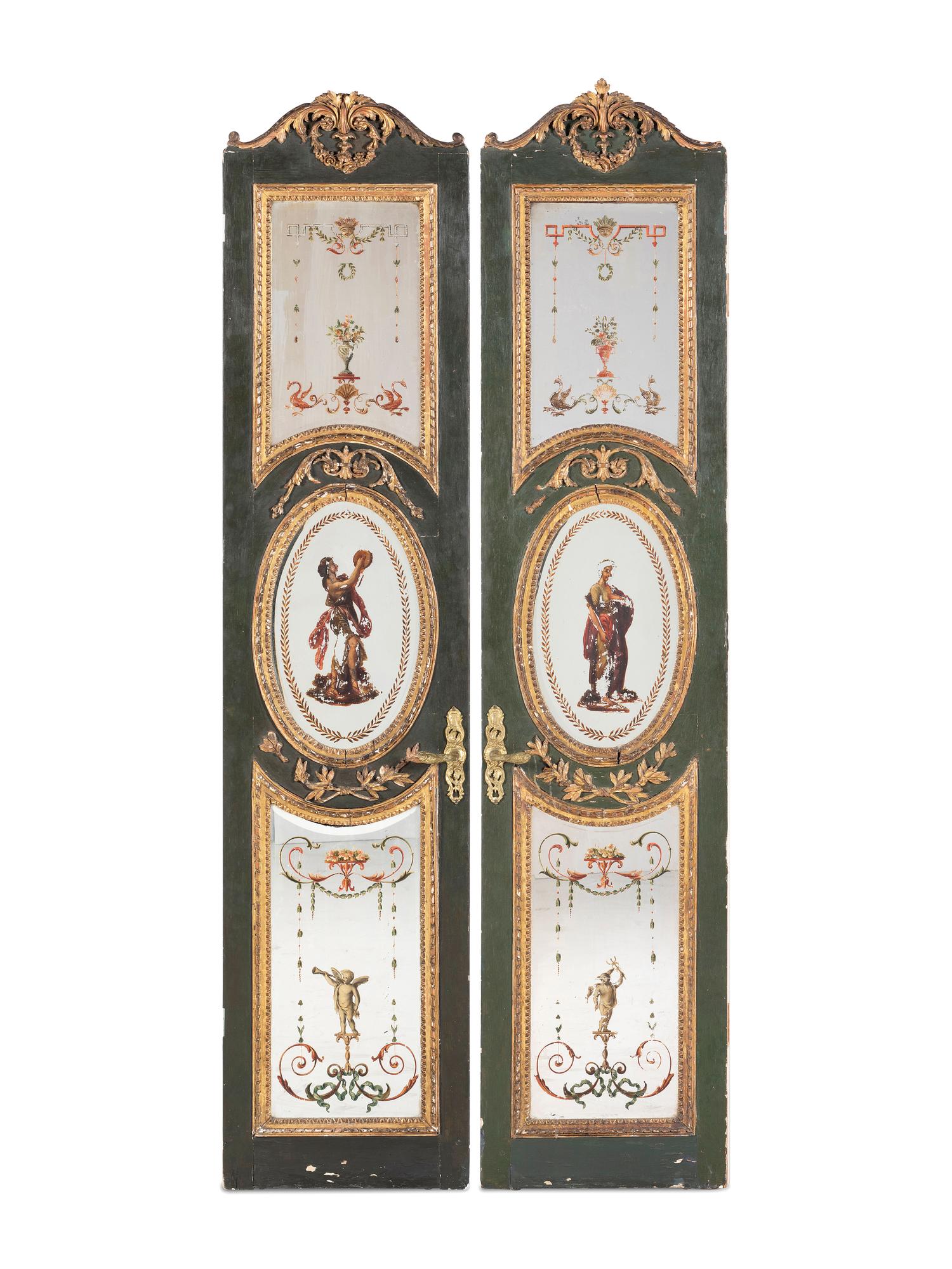 A Pair of Venetian Reverse-Painted Glass Doors