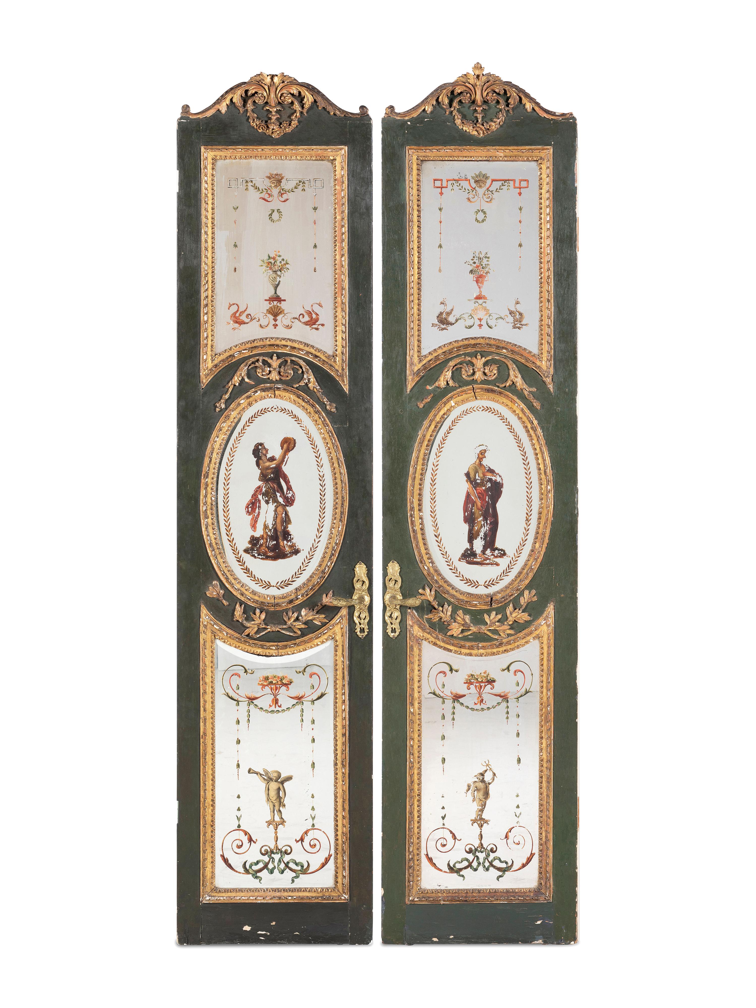 A Pair of Venetian Reverse-Painted Glass Doors