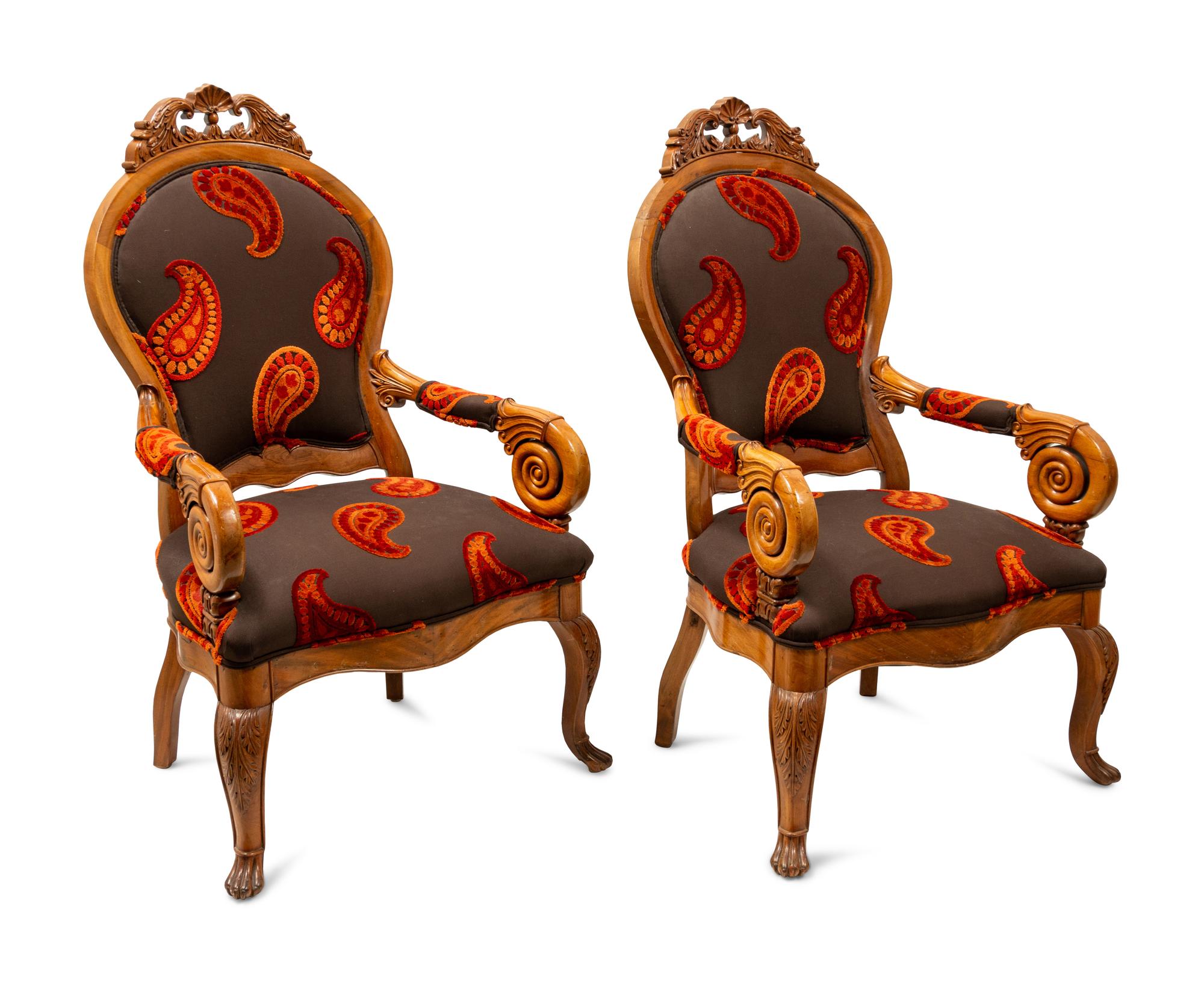 A Pair of Paisley Upholstered Rococo Style Armchairs