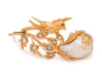 A Yellow Gold, Cultured Pearl, Diamond and Ruby Bird Brooch,