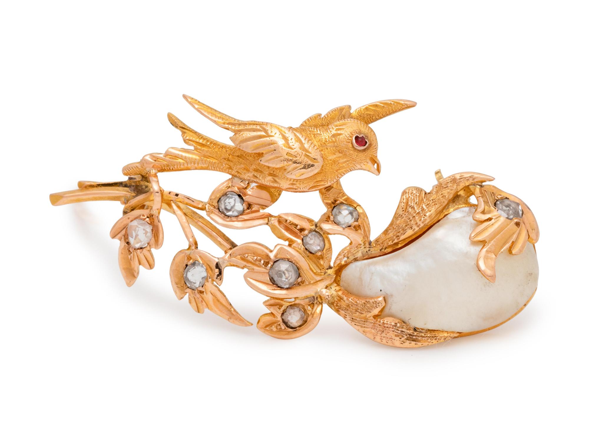 A Yellow Gold, Cultured Pearl, Diamond and Ruby Bird Brooch,